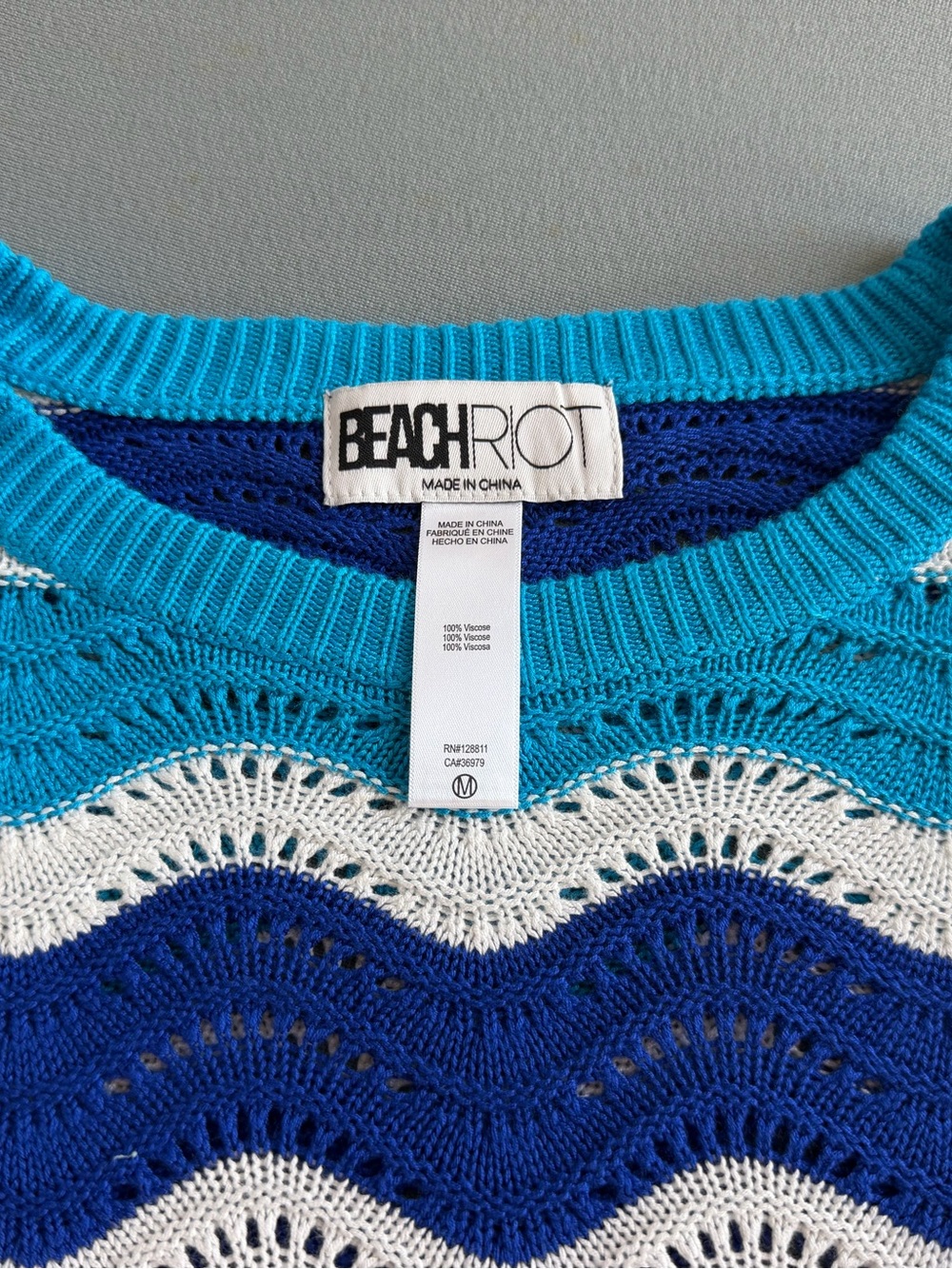 Beach Riot Wave-Striped Open Knit Sweater in Blue, Aqua & White size medium - Picture 2 of 2